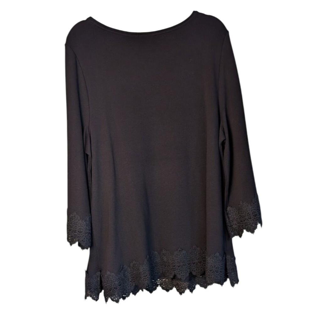 Chico's Black Ponte Tunic Top 3/4 Bell Sleeve size 3/XL Scalloped Lace romantic - Picture 2 of 8